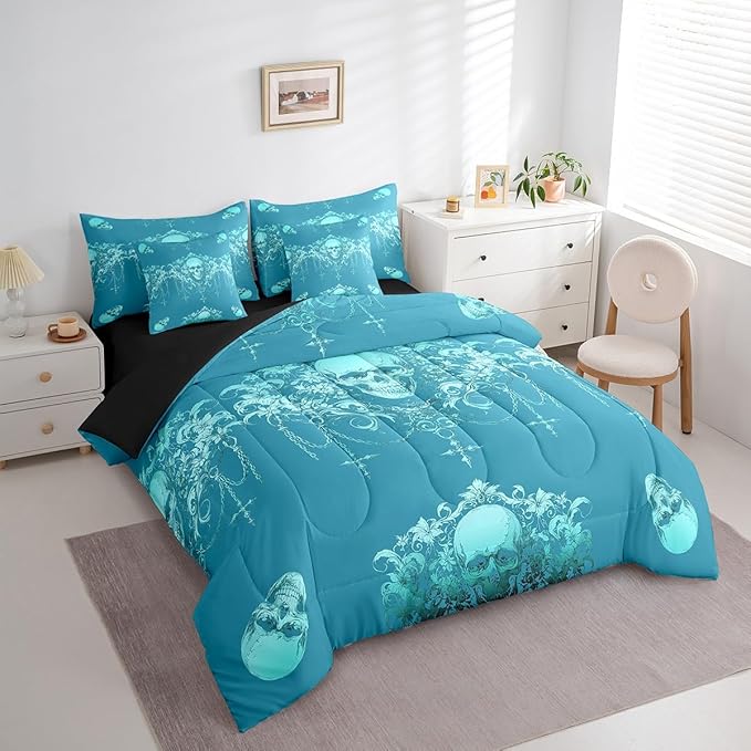 Erosebridal Gothic Bed in a Bag Queen Comforter Set 7 Piece,Goth Sugar Skull Bedding Set,Cyan Teal Damask Bohemian Vintage Floral Comforter and Sheet Set,Exotic Antique Victorian Baroque Decor