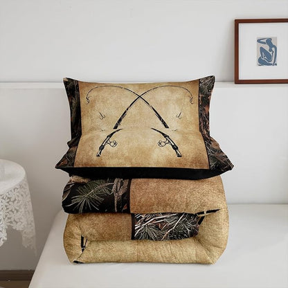 Erosebridal Rustic Fishing Full Comforter Set Gifts for Kids Boys Men Women,Retro Camo Fishing Rod Bedding Set Country Farmhouse Lake Cabin Quilt Bedding Sets Tree Branch Camouflage Bed Set 3 Pcs