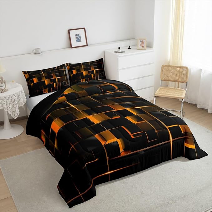 Erosebridal Geometric Ornage Black Twin Bedding Set,Light Honeycomb Comforter Set Decor Quilt for Kids Women Adult, Modern Abstract Duvet Insert Microfiber Lightweight All Season