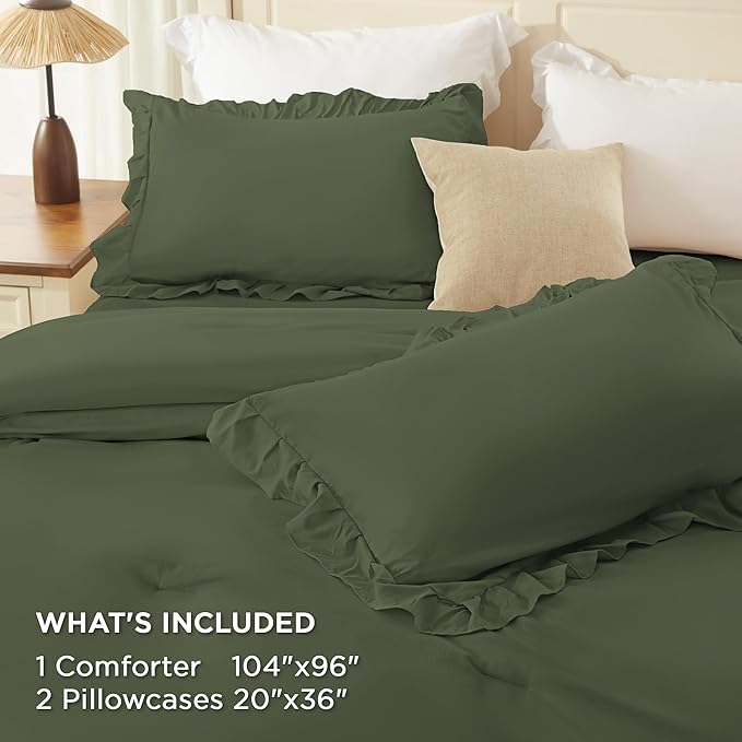 Andency Olive Green California King Comforter Set (104x96Inch), 3 Pieces Farmhouse Shabby Chic Ruffle Bedding Comforter Sets, Lightweight Fluffy Soft Microfiber All Season Bed Set
