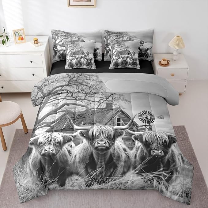 Erosebridal Highland Cow Queen Bedding Set - Cow Print Bed in A Bag,Western Rustic Comforter Sets with Sheets, Farmhouse Cabin Decor 7 Pieces Bed Set for Boys Girls Kids Room Decor