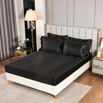 Satin Comforter Set with Sheet Set Full 8 Pcs Silk Like Black Bedding Set Silky Ruffle Pattern Luxury Silky Comforter Set with 1 Cushion Cover