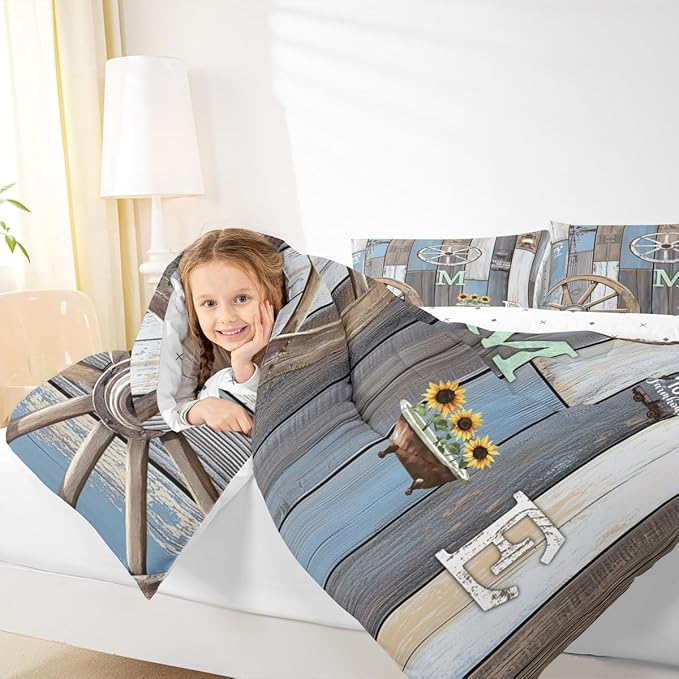 Rustic Farmhouse Quilt Set King For Men Western Country Cabin Bedding Set Farm Animal Sunflower Comforter Set Retro Barn Door Wheel Windmill Duvet Insert Grunge Brown Planks Decor 2 Pillow Cases