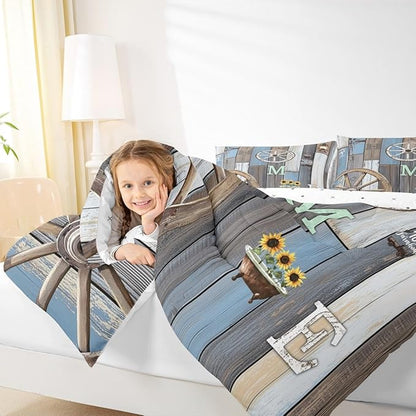 Rustic Farmhouse Quilt Set Full For Men Western Country Cabin Bedding Set Farm Animal Sunflower Comforter Set Retro Barn Door Wheel Windmill Duvet Insert Grunge Brown Planks Decor 2 Pillow Cases
