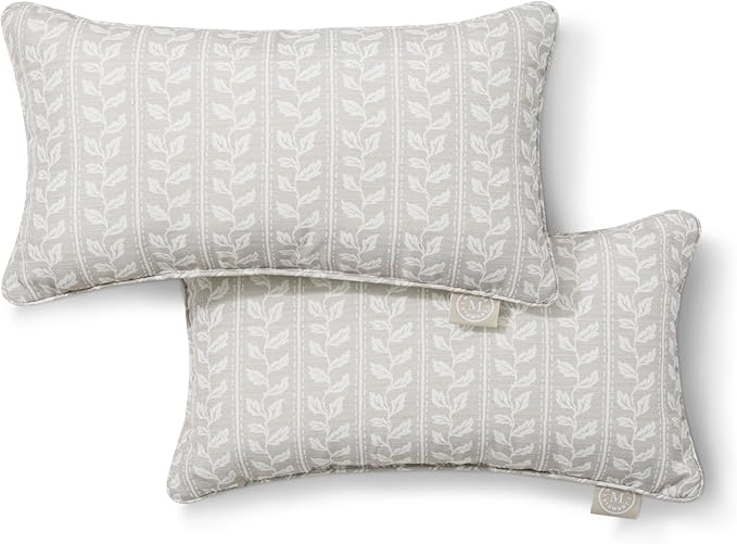 Martha Stewart Vineyard Vines Indoor Outdoor Decorative Lumbar Pillow 2-Pack Set, UV Fade Resistant, Water Repellent, Printed Garden Design, Warm Grey, 11"x18"
