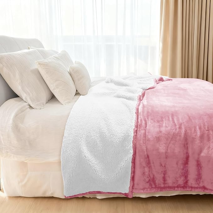 Genteele Sherpa Throw Blanket Super Soft Reversible Ultra Luxurious Plush Blanket, 90 x 90 inches, Pink/White