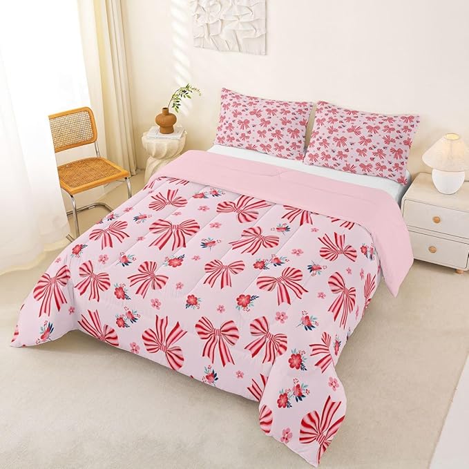 Feelyou Red Pink Pink Bow Comforter Set Queen Size Cute Floral Bedding Set for Kids Boys Girls Cute Bowknot Duvet Quilt Kawaii Bedroom Decor Microfiber 3 Pcs with 2 Pillow Cases