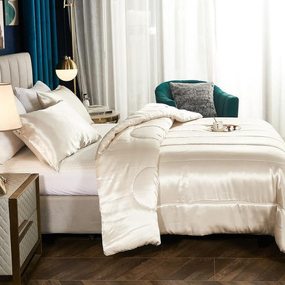Bedding_Dreamer Satin Comforter King Silky Comforter Set Alternative Down Comforter Silk Like Beige Comforter for Women Luxury Hotel Silky Cream 1 Comforter 2 Pillowcase (King, Beige)