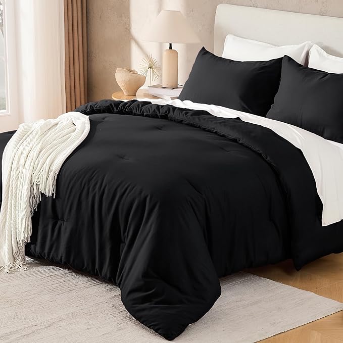 Andency Black California King Comforter Set, 3 Pieces Cal King Boho Soft Solid Bed Comforter, Oversized Lightweight Fluffy Microfiber Bedding Set (104x96In, 2 Pillowcases)