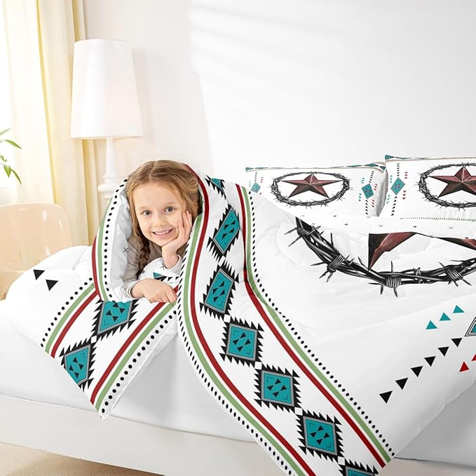 Erosebridal Western Decor Twin Comforter Set Boho Aztec Bedding Set for Kids Teens Adult Bedroom, Southwestern Texas Star Bedding Comforter Sets Exotic Tribal Geometric Quilt with 1 Pillow Case