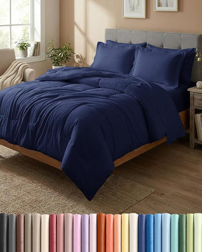 King Comforter Set - 7 Piece Bed in a Bag King Size Bed Set - Down Alternative Comforter, Flat Sheet, Fitted Sheet, Pillowcase & Shams for All Seasons - Ultra Soft, Comfy and Breathable - Navy Blue