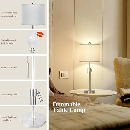 Table Lamps for Bedrooms Set of 2, 22" to 30" Height Adjustable Nightstand Lamps with Linen Shade, Pull Chain Switch Lamps for Living Room, 3 Way Dimmable Beside Lamp