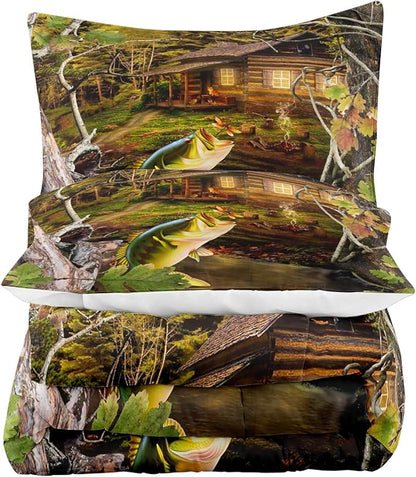 LUVIVIHOME 3PCS Fishing Comforter Set Full Size, Hunting Camo Bedding, Forest Woodland Bass Fish Lake House Bedding, Rustic Cabin Country Farmhouse Bedroom Decor, Soft Microfiber Quilt, 2 Pillow Shams