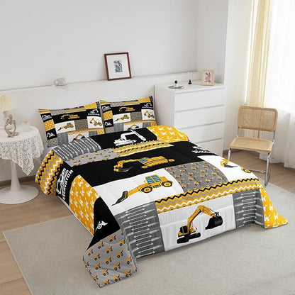 Feelyou Excavator Comforter Construction Vehicles Comforter Set Equipment Trucks Bedding Set for Children Kids Boys Girls Cartoon Car Duvet Set Geometric Lattice Room Decor Quilt Set Queen Size