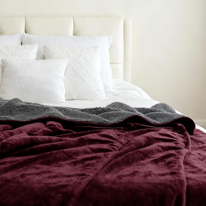 Genteele Sherpa Throw Blanket Super Soft Reversible Ultra Luxurious Plush Blanket, 90 x 90 inches, Rich Burgundy Red/Gray