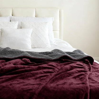 Genteele Sherpa Throw Blanket Super Soft Reversible Ultra Luxurious Plush Blanket, 90 x 90 inches, Rich Burgundy Red/Gray