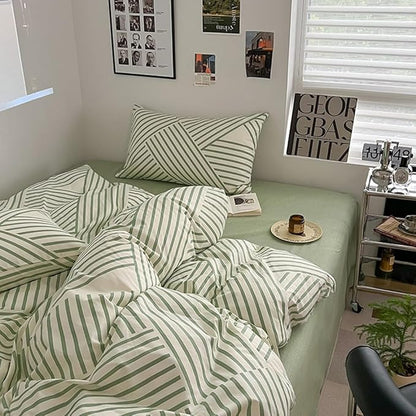 VM VOUGEMARKET Striped Comforter Set Full,Instagram Style Geometric Quilt with 2 Pillowcases Modern Fashion Comforter Set for Teens-Green White Stripes