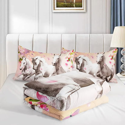 HOSIMA Horse Bedding for Girls,Pink Cherry Blossom Printed Full Size Comforter Set for Teens with 2 Pillowcases,3D Farm Wild Animal Pattern for Girls Bedding Set,Western Bedding Set Theme.