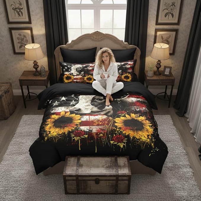 USA Flag Full Size Comforter,Sunflowers Comforter for Boys Girls,3 Pieces Soft Fluffy Microfiber with 2 Pillowcases/79 * 90
