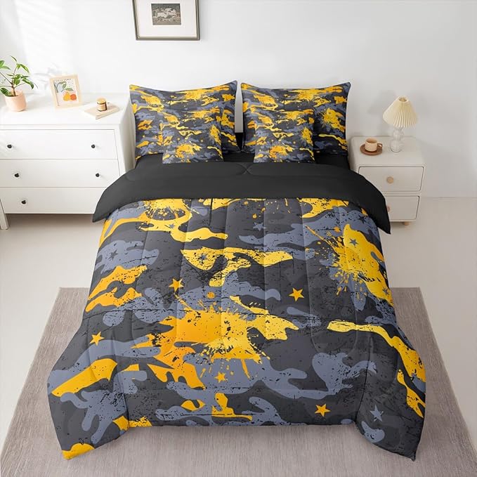 Erosebridal Camouflage King Comforter Set Stars 7-Piece Bed in A Bag Graffiti Watercolor Ombre Retro Military Sheets and Pillowcases Grey Yellow Bed Sets