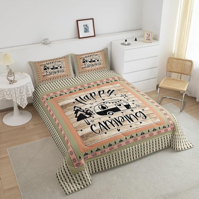 Feelyou Camper Comforter Set Toddler Size Kids Happy Camping Comforter for Boys Southwestern Camper Accessories for Travel Trailers Wood Grain Vinatge Bedding Set Orange Tree Duvet Set