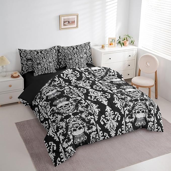 Erosebridal Sugar Skull 7 Piece Comforter Set Full Bed in a Bag,Gothic Bedding Set,Black Grey Damask Bohemian Vintage Floral Comforter and Sheet Set,Goth Skeleton Antique Victorian Baroque Decor