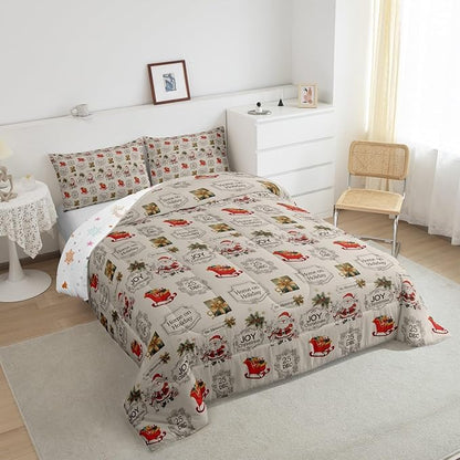 Merry Christmas Bedding Set Queen Size,Cartoon Santa Clause Sleigh Print Comforter Set,Vintage Xmas Quilt Set for Kids Boys Girls Adult Room Decor,Khaki and Colorful Reversible Duvet Insert 3Pcs