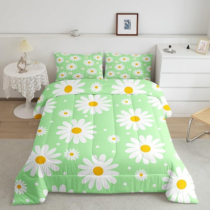 Erosebridal Girls Full Bedding Set Green Daisy Floral Comforter Set for Kids Teen Adults,Cute Cartoon Flower Comforter Rustic Floral Daisy Duvet Insert for Bedroom All Season