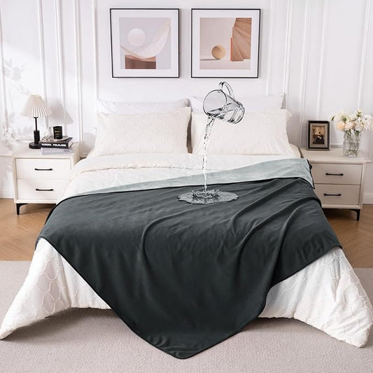 QiyI Waterproof Blanket for Bed Queen Size, Reversible Washable Pet-Friendly Flannel Throw Blanket, Leakproof Stain-Resistant Furniture Protector for Travel & Camping, 60"x80", Dk Grey/Lt Grey