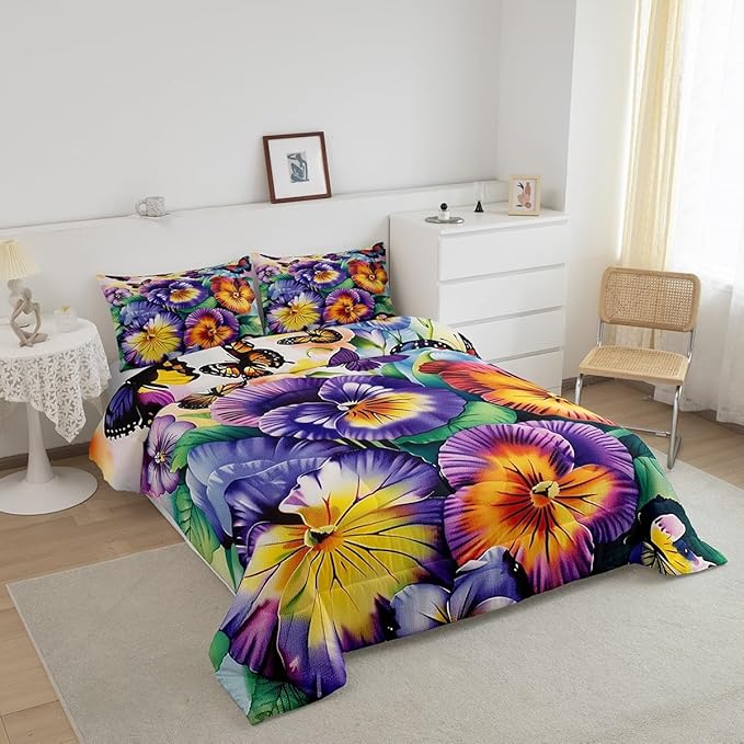 Erosebridal Flower Butterfly Girls Bedding Sets Full Garden Pansy Floral Bed Comforter Set Rustic Farmhouse Spring Comforter Set Pastoral Country Blossom Quilt Duvet Purple Yellow Room Decor