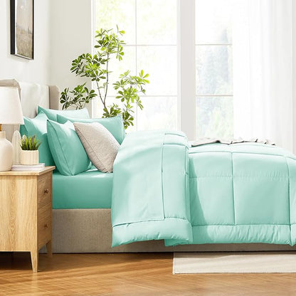 CozyLux Queen Comforter Set Mint Green, 7 Pieces Bed in a Bag, Green Comforter Queen Size, All Season Bedding Sets with Stitch Quilted Comforter, Flat Sheet, Fitted Sheet, Pillowcases
