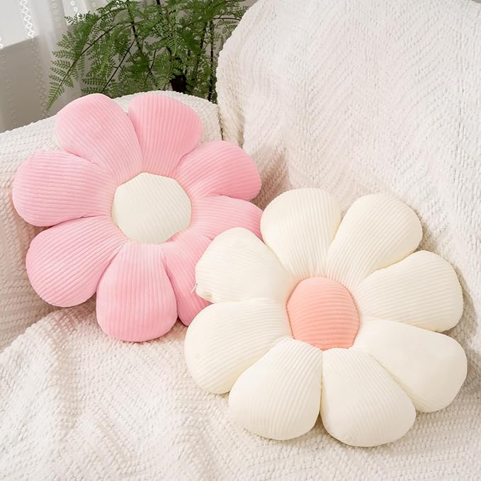 2 Pcs Preppy Flower Decorative Throw Pillows Set for Bed Couch Sofa, 15.35" Cute Pink White Flower Daisy Shaped Pillow for Aesthetic Preppy Bedroom Room Dorm Classroom Decor (White+Pink, 15.35 Inch)