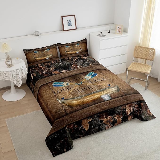 Erosebridal Lake House Comforter Set Twin Lake Paddle Boat Bedding Set Gifts for Men Women Kids,Rustic Cabin Camo Bedding Comforter Sets Woodland Tree Branch Leaves Camouflage Bed Set 2 Pcs
