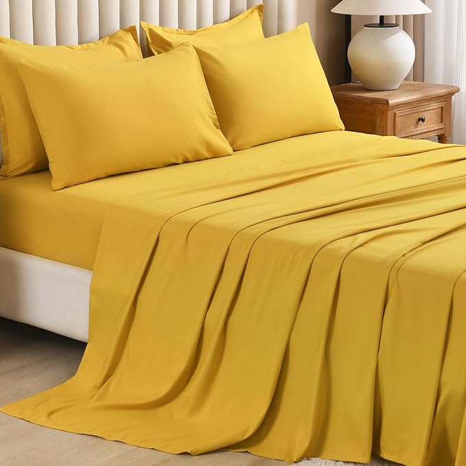 Litanika Comforter California King Size Set Mustard Yellow - 7 Pieces Bed in a Bag California King Bedding Comforter Sets, Plain Lightweight Bed Set with Comforter, Sheets, Pillowcases & Shams