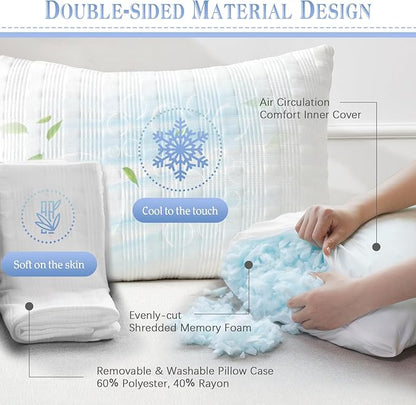 Meoflaw Cooling Pillows for Sleeping Standard Size Set of 2,Shredded Memory Foam Bed Pillow,Adjustable Loft Standard Pillow for Side & Back Sleeper-Medium Firm