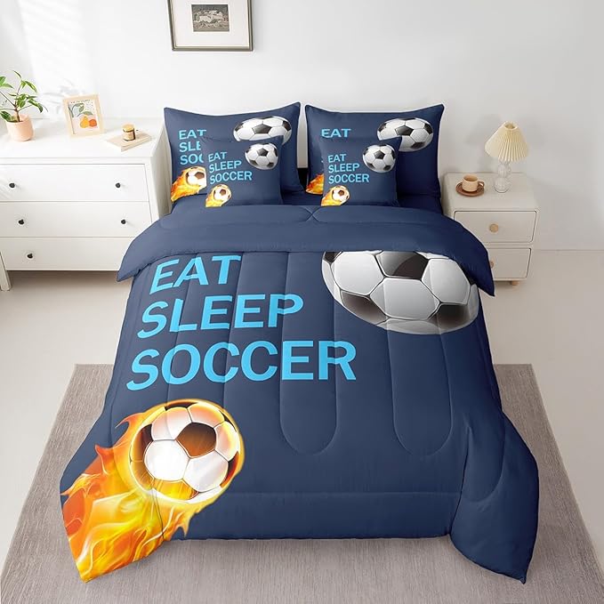 Feelyou Soccer Ball Bed in a Bag Kids Football Bedding Set Boys Girls Soccer Ball Lover Comforter Set Twin Size 7 Pieces Sports Bed Set with Comforter, Sheet Set, Pillowcases, Pillow Covers