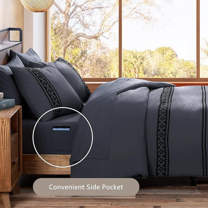 MaiRêve Embroidery Full Size Comforter Set Crown Blue, Farmhouse Western Boho Bedding Set 7 Pieces, All Season Bed in A Bag Comforter Set with Sheets, Pillowcases & Shams
