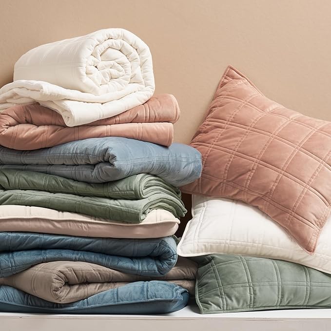 EVERGRACE 3 Pieces Luxurious Velvet Quilt Queen Size, Ultra Soft Bedspread Coverlet Set, Double Box Stitch Lightweight Velvet Comforter for All Season with 2 Shams, Beige, 92"x96"