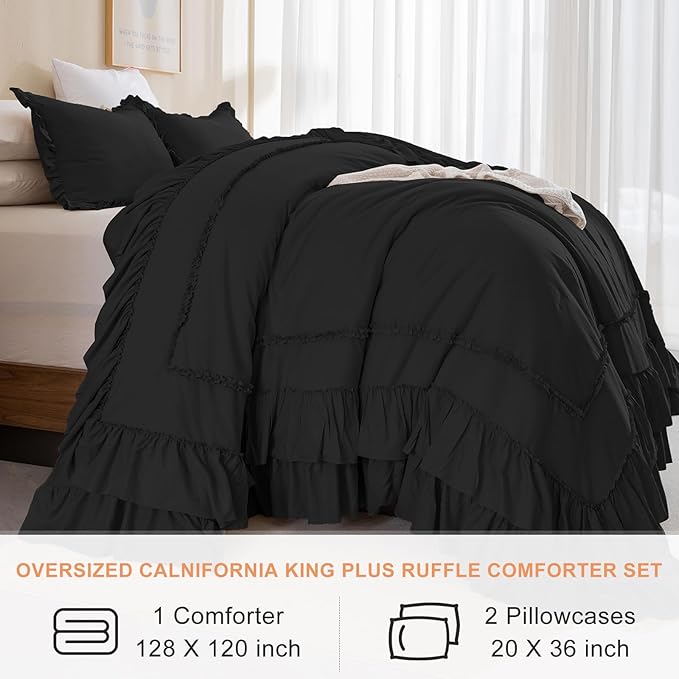 QSH Oversized King Comforter 128x120,3PCs Black Farmhouse Lightweight Ruffled Bedding Comforter Set Shabby Boho Chic California King Bed Comforter Set French Country Soft Microfiber Fluffy Bed Set