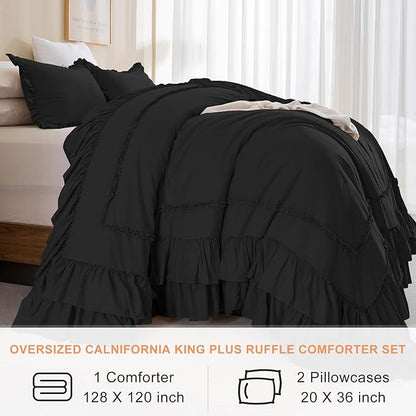 QSH Oversized King Comforter 128x120,3PCs Black Farmhouse Lightweight Ruffled Bedding Comforter Set Shabby Boho Chic California King Bed Comforter Set French Country Soft Microfiber Fluffy Bed Set