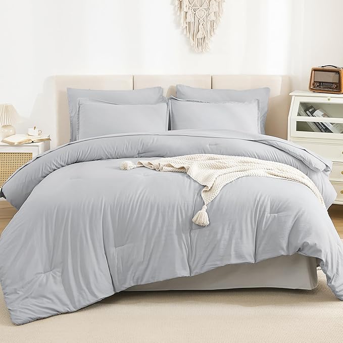 Litanika Super King Comforter Sets Light Grey - 7 Pieces Bed in a Bag Oversized King Bedding Comforter Sets, Solid Lightweight Bed Set with Comforter, Sheets, Pillowcases & Shams