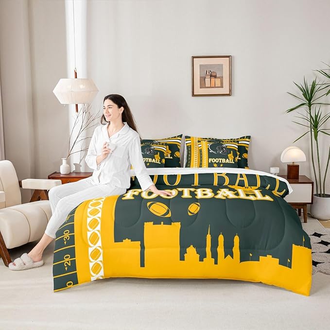 Feelyou Football 7 Pieces Comforter Sets Twin Size Kids Bedding Set Rugby Sports Football City Bed in a Bag with Comforter, Sheets, Pillowcases & Cushion Cover