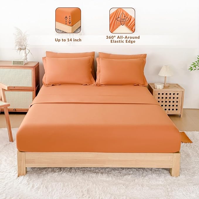 Cal King Comforter Duvet Cover Set Burnt Orange - 7-Piece Bed in a Bag, Double Brushed Micorfiber All-Season Soft Bedding with Sheets & Envelope Pillowcases(104"x90",Cal King)