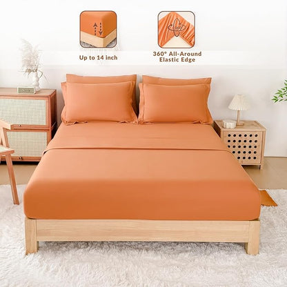 Cal King Comforter Duvet Cover Set Burnt Orange - 7-Piece Bed in a Bag, Double Brushed Micorfiber All-Season Soft Bedding with Sheets & Envelope Pillowcases(104"x90",Cal King)