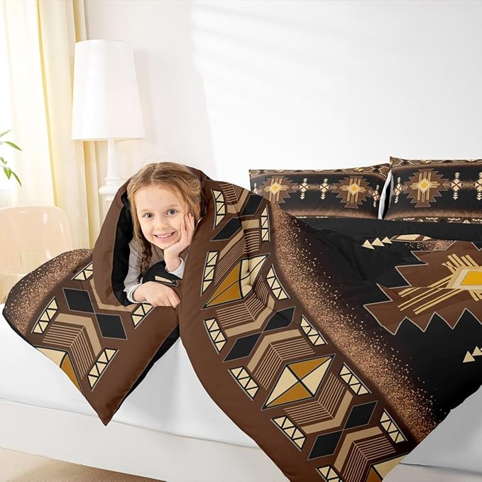 Erosebridal Boys Queen Western Aztec Comforter Set, Boho Southwestern Bedding Set Brown Primitive Tribal Bedding Comforter Sets Boho Vintage Rural Quilt American Native Bedroom Decor for Teens