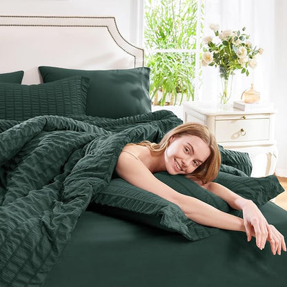 CozyLux Oversized Queen Comforter Set Forest Green Seersucker 7 Pieces 98x98 Bed in a Bag Comforter Set with Sheets, Luxury Bedding Sets with Down Alternative Comforter, Sheets, Pillowcases & Shams
