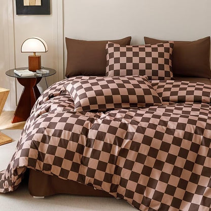 Luxlovery Brown Plaid Comforter Set Queen Coffee Grid Bedding Comforter Set Women Men Queen Size Soft Breathable Blanket Quilts Dark Brown Geometric 3pcs Bedding Set for Full Bed