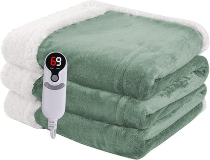 Heated Blanket Electric Blanket Full Size 72''x84'' with 9 Heating Levels, 1-10 Hour Auto Shut Off, Machine Washable, Flannel & Sherpa Soft Warming Blanket for Couch, Bed, Office - Light Green