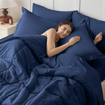 JOLLYVOGUE Full Comforter Set, Ultra-Soft Bed in a Bag Full Size 7 Pieces, Oeko-TEX Certified Bedding Set with Down Alternative Comforter, Sheets, Pillowcases & Shams, Navy