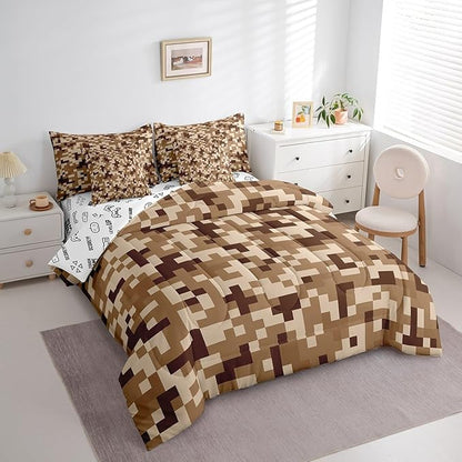 Brown Grid 7Pcs Comforter Set Full Size for Kids Boys,Sandbox Pixelated Themed Fitted Flat Sheet Teens Men Gamer Room Decor,Miner Style Checked Bedding Sets Desert Style 2 Throw Pillow,2 Pillowcases